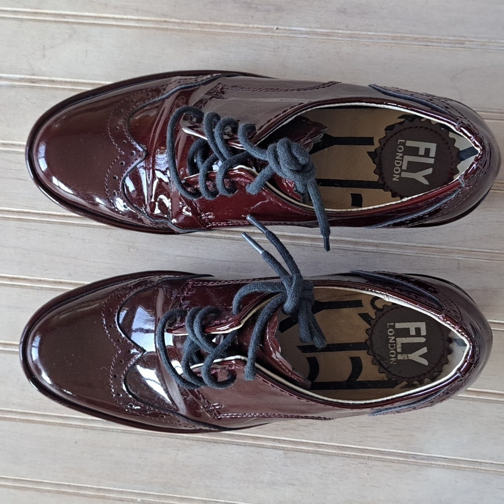 Fly London Oxford Lace Up Burgundy Patent Leather Wedge Comfort Shoes - Picture 12 of 13